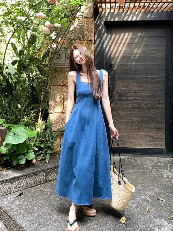 蓝雾之恋法式牛仔连衣裙女夏小众设计感收腰气质吊带长裙|undefined