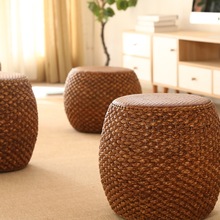 藤中式实木草编化妆矮鼓凳家用客厅茶几换鞋坐墩古筝琴板高圆凳子