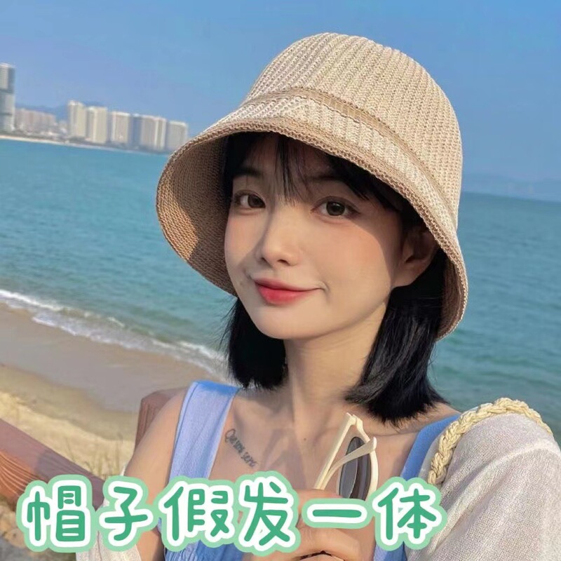 Summer sun hat wig one-piece women's super short hair straight hair wig hollow short straight hair show face small wig hat