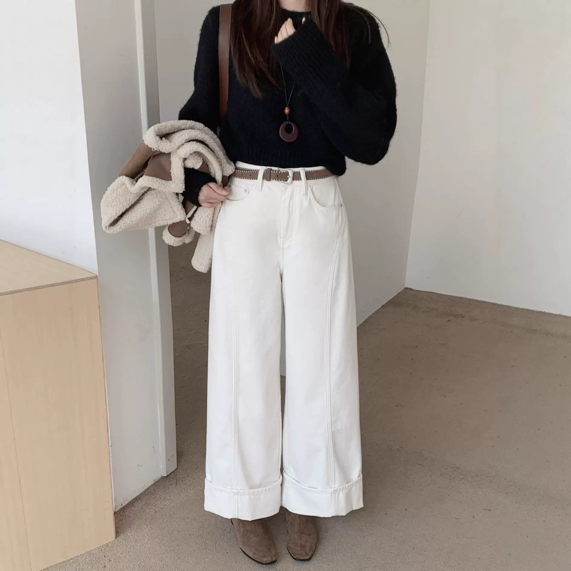 冬上新 韩系送腰带大码阔腿裤宽松直筒加绒牛仔裤女加长白色裤子