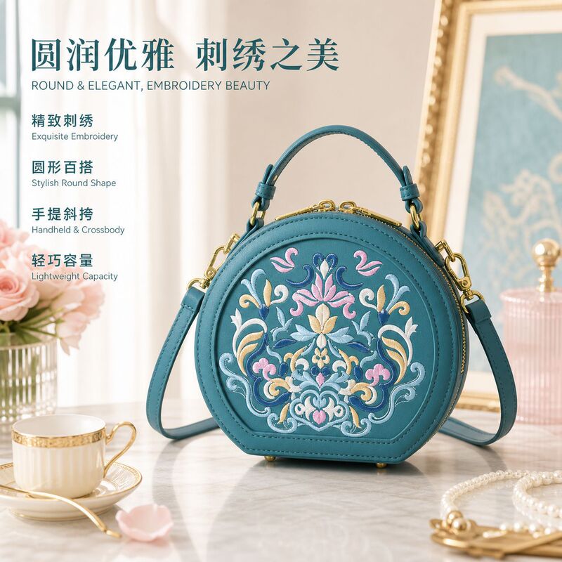 Cross-Border Fashion Trend: Stylish Crossbody Women's Bag, New Chinese-Style Small Round Handbag, Ethnic Style Embroidered Shoulder Bag, Versatile for Commuting