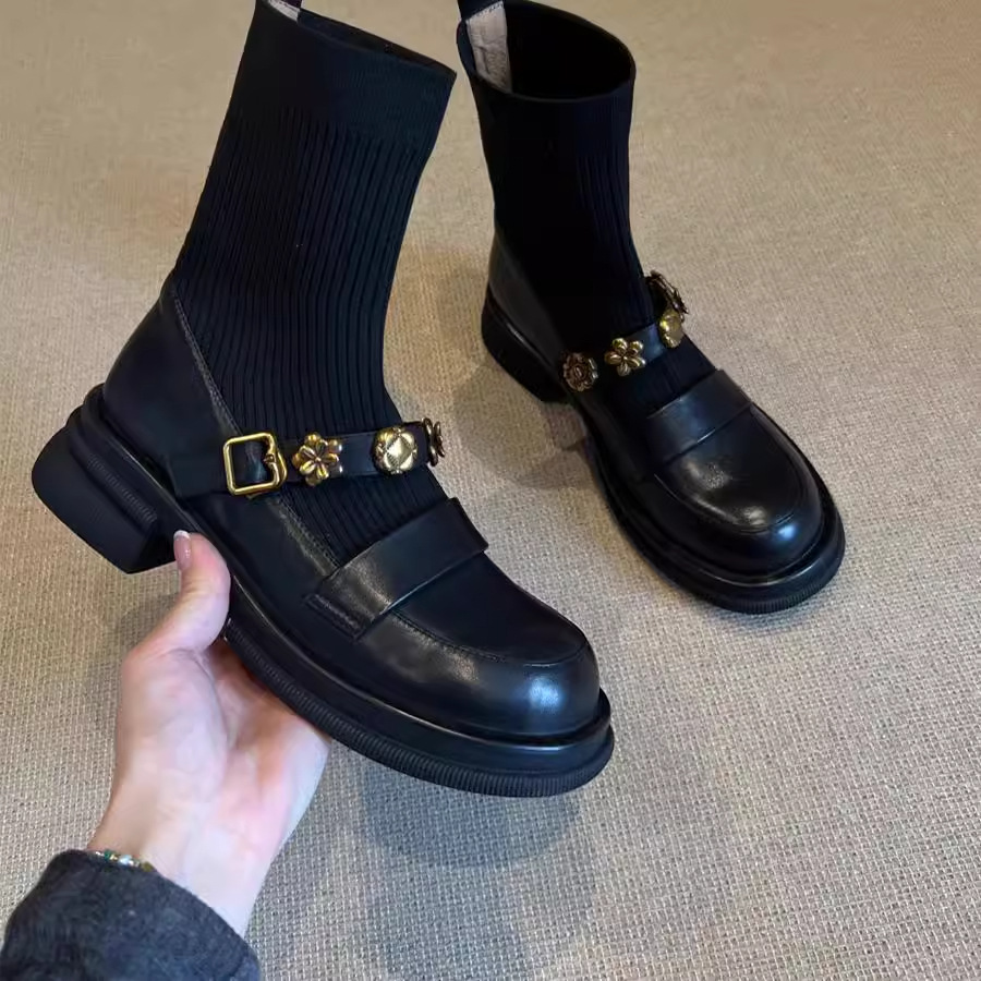 Stivaletti in maglia elasticizzata con tacco grosso – Stivaletti retrò da infilare con cinturino con fibbia e plateau spesso per donna_voghion.com