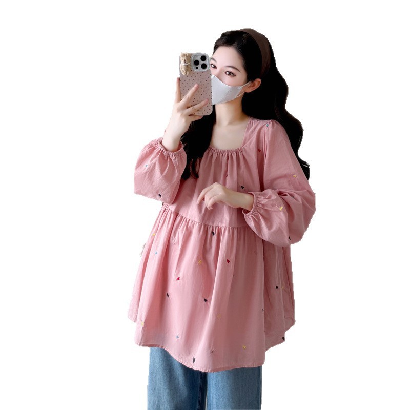 孕妇上衣秋装衣服外穿纯棉衬衫韩版宽松大码孕妇装长袖娃娃衫衬衣|undefined