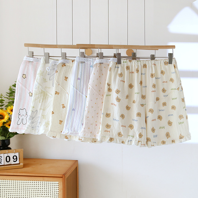 Summer Pure Cotton Pregnant Women's Pajama Pants Thin Gauze Prenatal and Postpartum Abdomen-supporting Shorts Adjustable Shorts Bright plus size