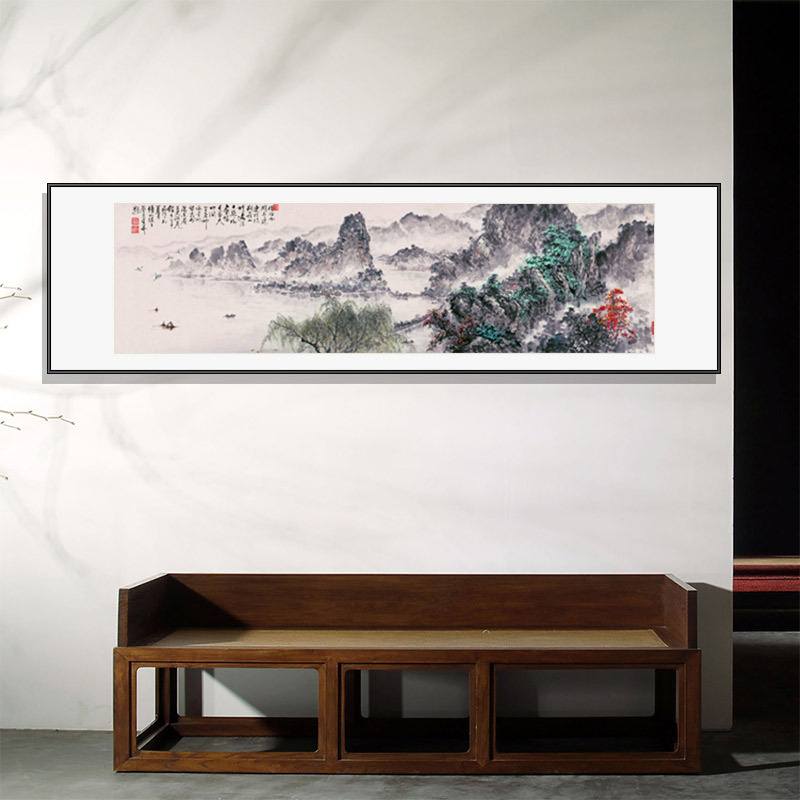中式客厅装饰画风景山水画靠山沙发背景墙挂画借问西湖卡纸画宣纸