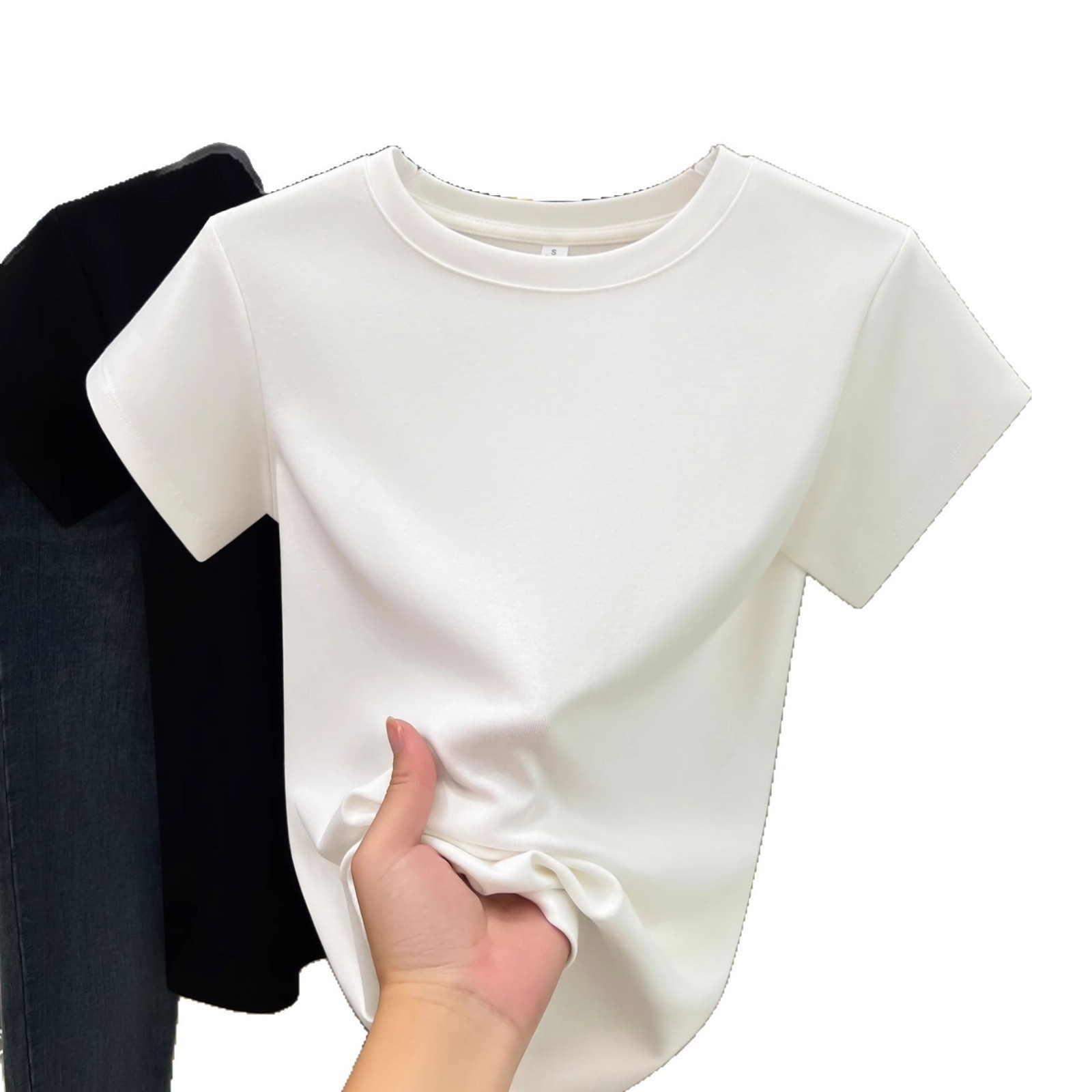 92% Cotton Shoulder Crew Neck Short-sleeved T-shirt Women's Korean Version Loose Summer New Solid Color Small Man With T-shirt Top_ecoleips.com