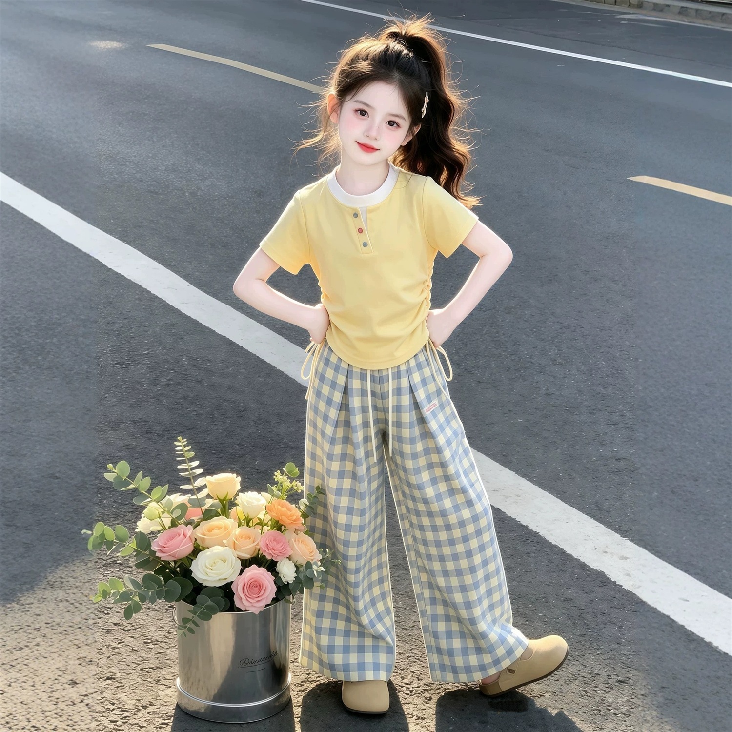 Girls' Summer Set, Korean Style, Simple and Fresh, Faux Two-Piece Short-Sleeve T-Shirt and Plaid Pants