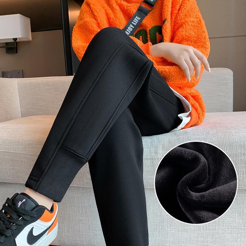 Women's Athletic Pants for Autumn and Winter, Fleece-Lined, Loose Fit, Tapered Narrow Wide-Leg Pants, Petite Size, Casual, Slimming, Thickened Sweatpants