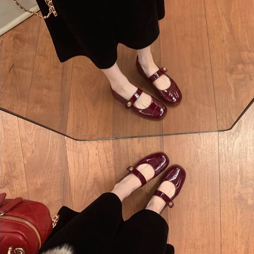 Women's Spring Flat Single Strap Mary Jane Shoes, Off-White Rough Heel French Style Loafers with Small Mouth, Light Brown Leather