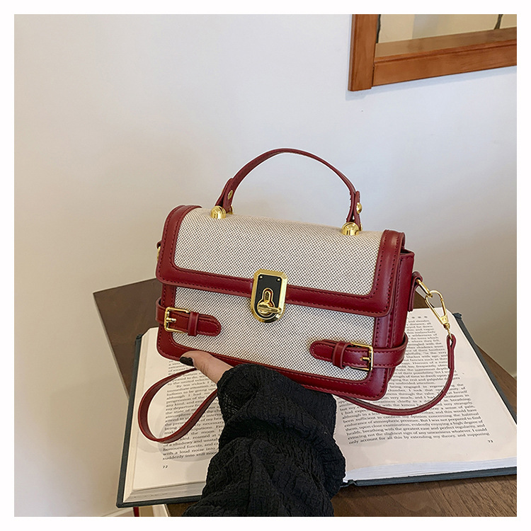 Bolso de mano de alta calidad para mujer 2025 nuevo bolso cuadrado pequeño con costuras de color en contraste retro textura de lino bandolera para mujer