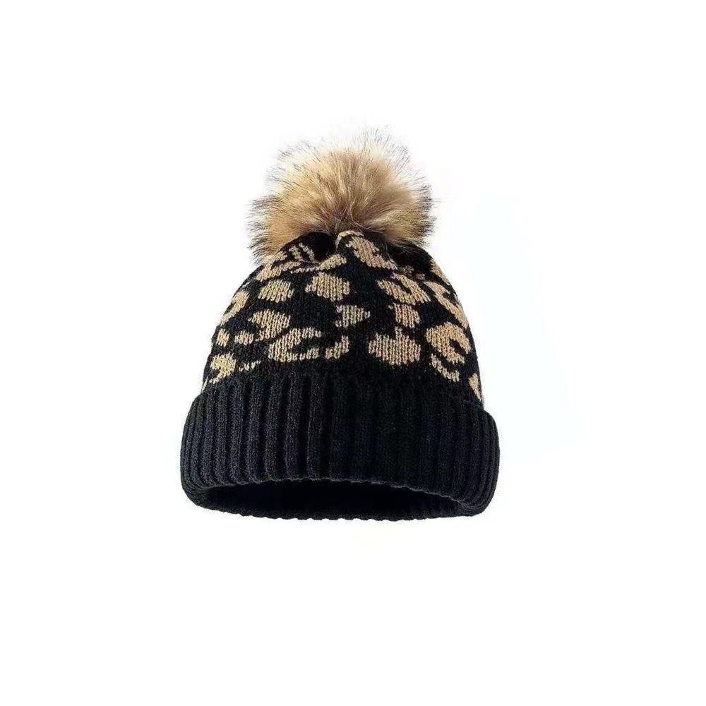 Für Damen, neue Herbst-Winter-Kollektion, vielseitig, grenzenlos, europäisch-amerikanisch-koreanische Version, Leopardenmuster, Bommel, warm gestrickt_voghion.com