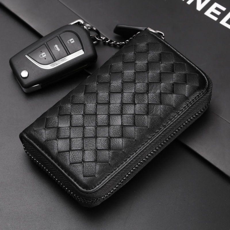 New woven car key case for men, leather car key cover, large-capacity zippered key pouch with keychain
