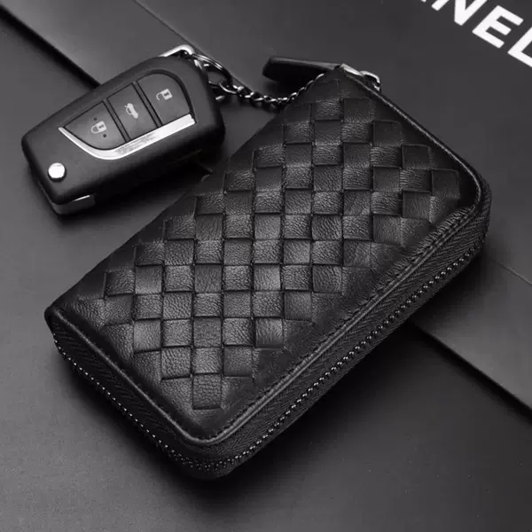 New woven car key case for men, leather car key cover, large-capacity zippered key pouch with keychain