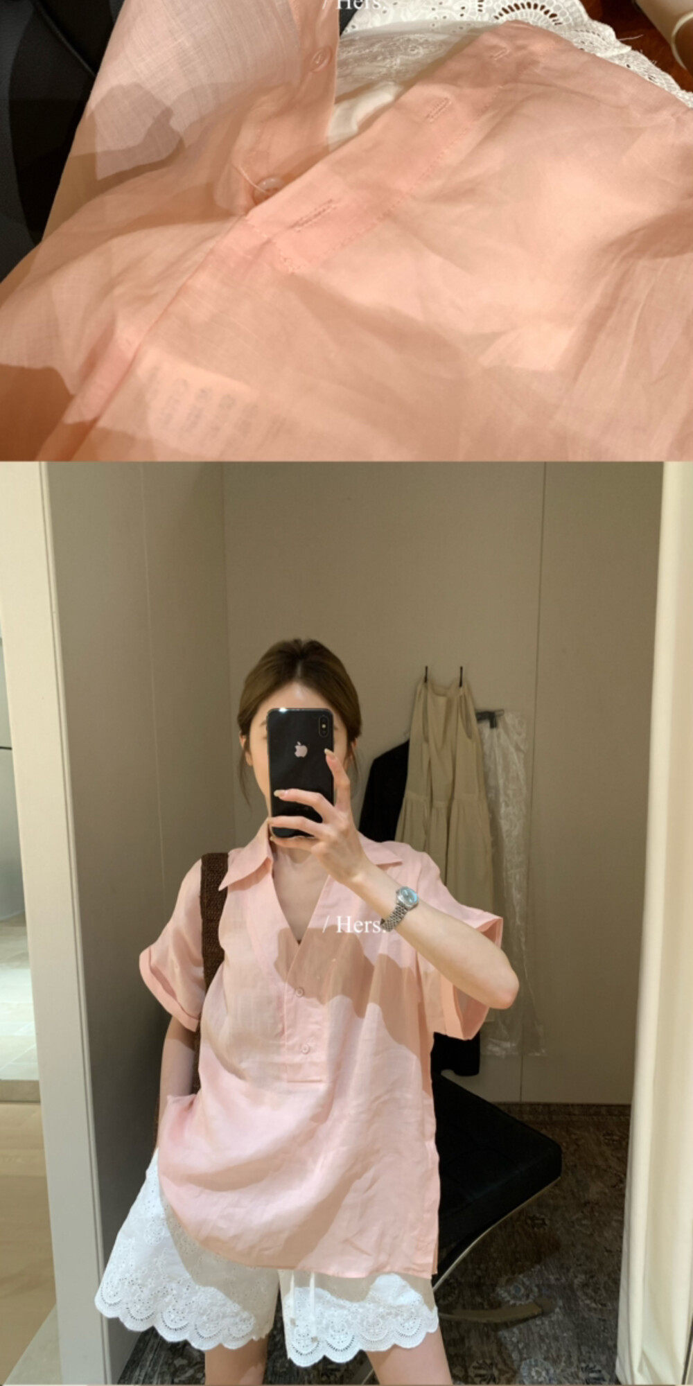 Áo sơ mi nữ linen tay ngắn cổ V phong cách Pháp — nghệ, màu hồng, màu trắng, màu mơ chi tiết 39