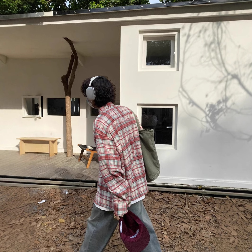 미국 복고풍 격자 무늬 셔츠 남자의 봄과 가을 새로운 느슨한 캐주얼 게으른 스타일 긴팔 셔츠 올 매치 코트 탑