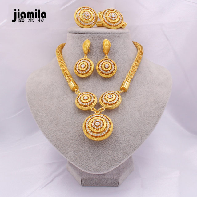 Jamila Middle East Dubai Bride Wedding 24K Gold Plated Jewelry Set Necklace Earrings Ring Bracelet Four-piece Set