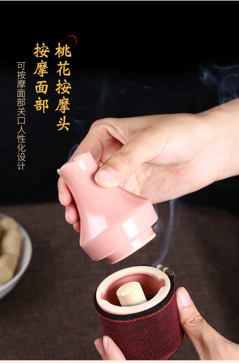 Ceramic Peach Blossom Moxibustion Jar Facial Warming Tool with Cloth Cover and Ash Guard overview