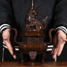 苏工纯铜冠耳狮盖兽足炉六棱狮子香薰炉家用盘香装饰摆件乔迁礼品