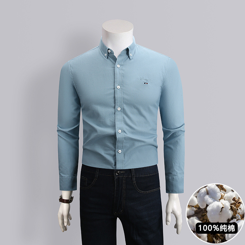 Spring New Men's 100% Pure Cotton Brushed Embroidered Solid Color Business Casual Long-Sleeved Shirt Loose Business Shirt Spring New Men's 100% Pure Cotton Brushed Embroidered Solid Color Business Casual Long-Sleeved Shirt Loose Business Shirt