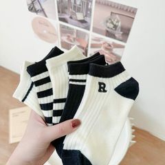 Black and White Striped Girls' Short Socks Spring and Summer Thin Version Ins Trendy Versatile Cartoon Letter Sports Breathable Versatile Ship