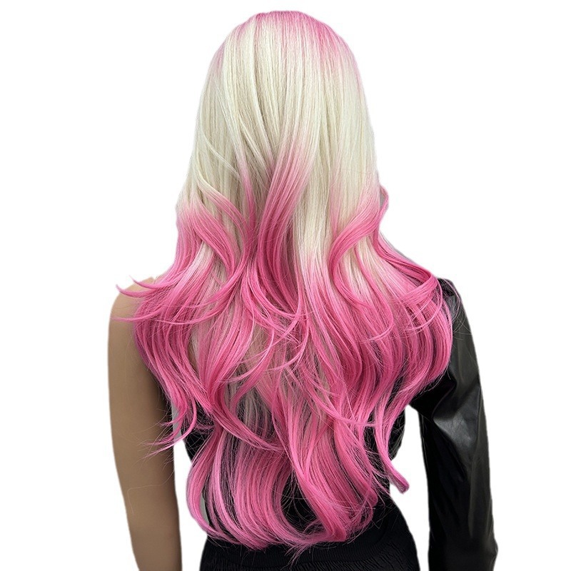 Curly Layered Wig Full Length Cosplay Style Gradient Beige Pink Wig For Women With Bangs Synthetic Hair Extensions_voghion.com