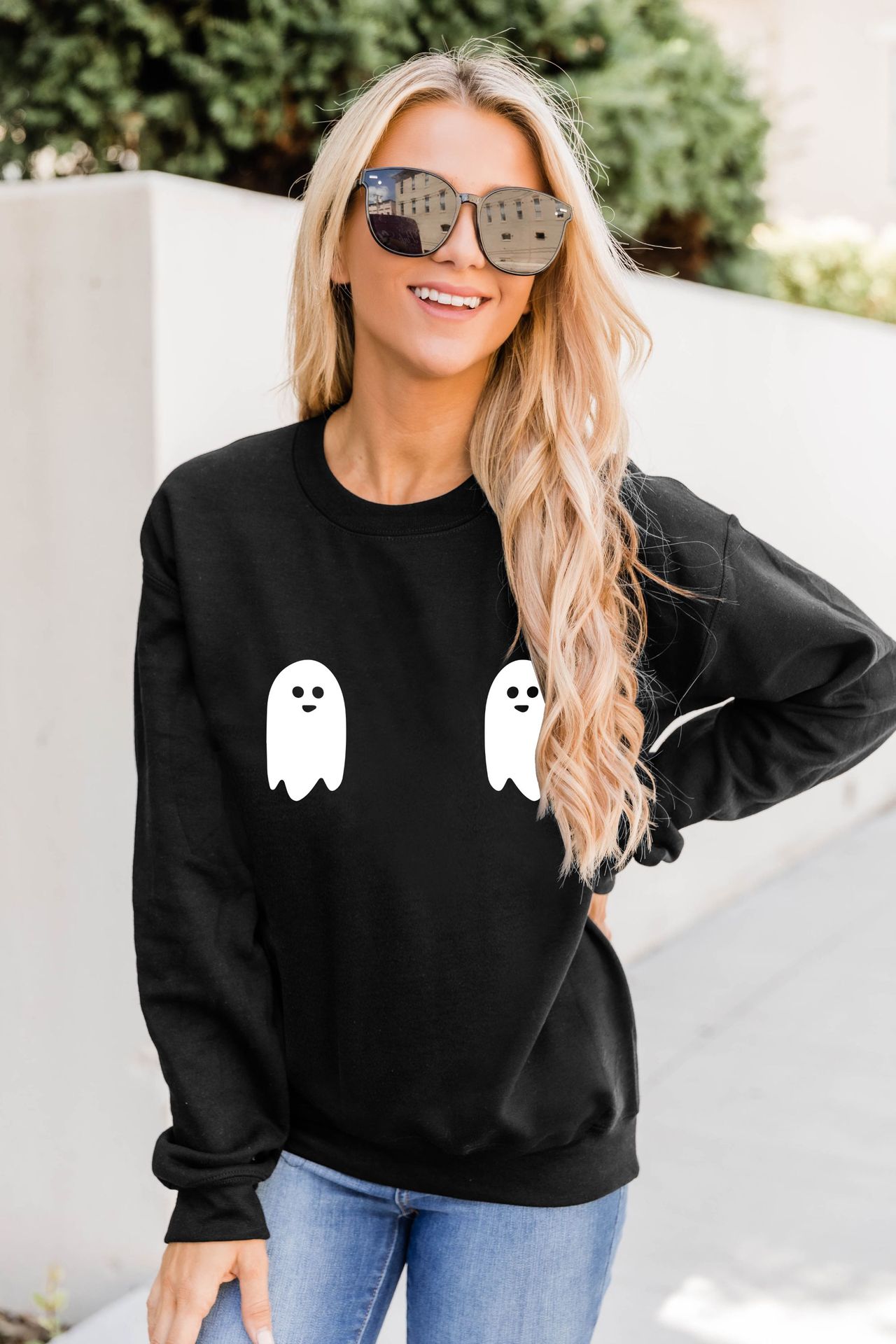 Sudadera de manga larga con cuello redondo y transferencia de calor fantasma de Halloween para mujer nihaostyles al por mayor disfraces de halloween NSMID78796