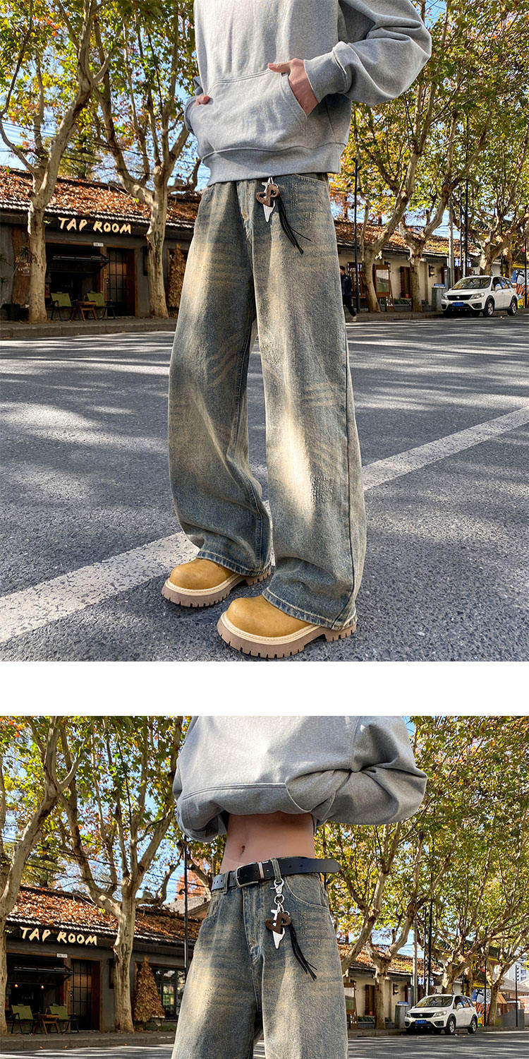 Men's Retro Distressed Cement Yellow Wide Leg Jeans High Waisted Loose Fit Slimming Straight Leg Jeans New Style Machine Washable_mkmklike.com