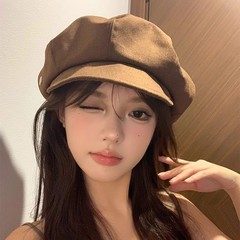 简约咖色八角帽女春秋日系复古百搭贝雷帽大头围显脸小画家帽子潮