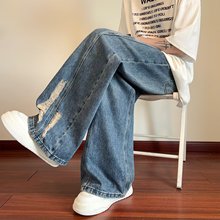 新款男春秋破洞直筒宽松牛仔裤2025新款男孩秋季薄裤子潮一件代发