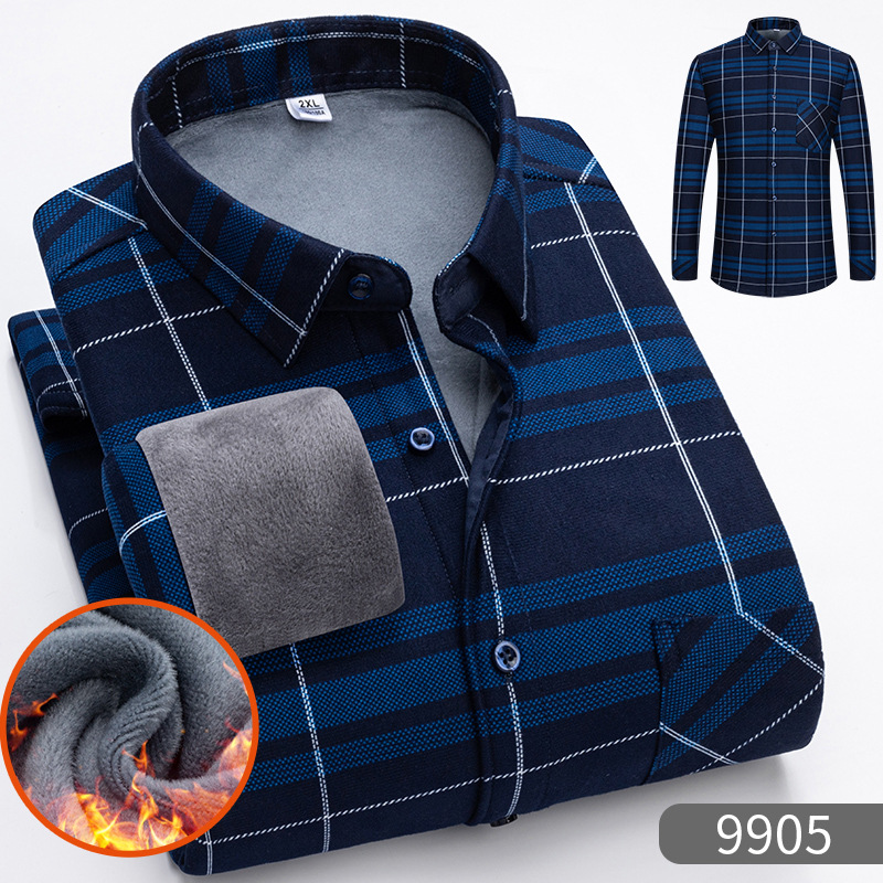 keep warm shirt Long sleeve Autumn and winter business affairs leisure time lattice middle age dad Plush thickening Internal lap shirt wholesale