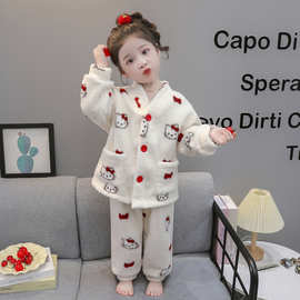 女童睡衣秋冬软绵绵公主猫咪家居服套装女宝宝珊瑚绒法兰绒半边绒