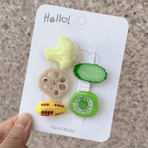 Set of 5 ~ Funny and interesting simulated vegetable food hairpins, cauliflower, lotus root, corn, kiwi fruit hairpins, small size