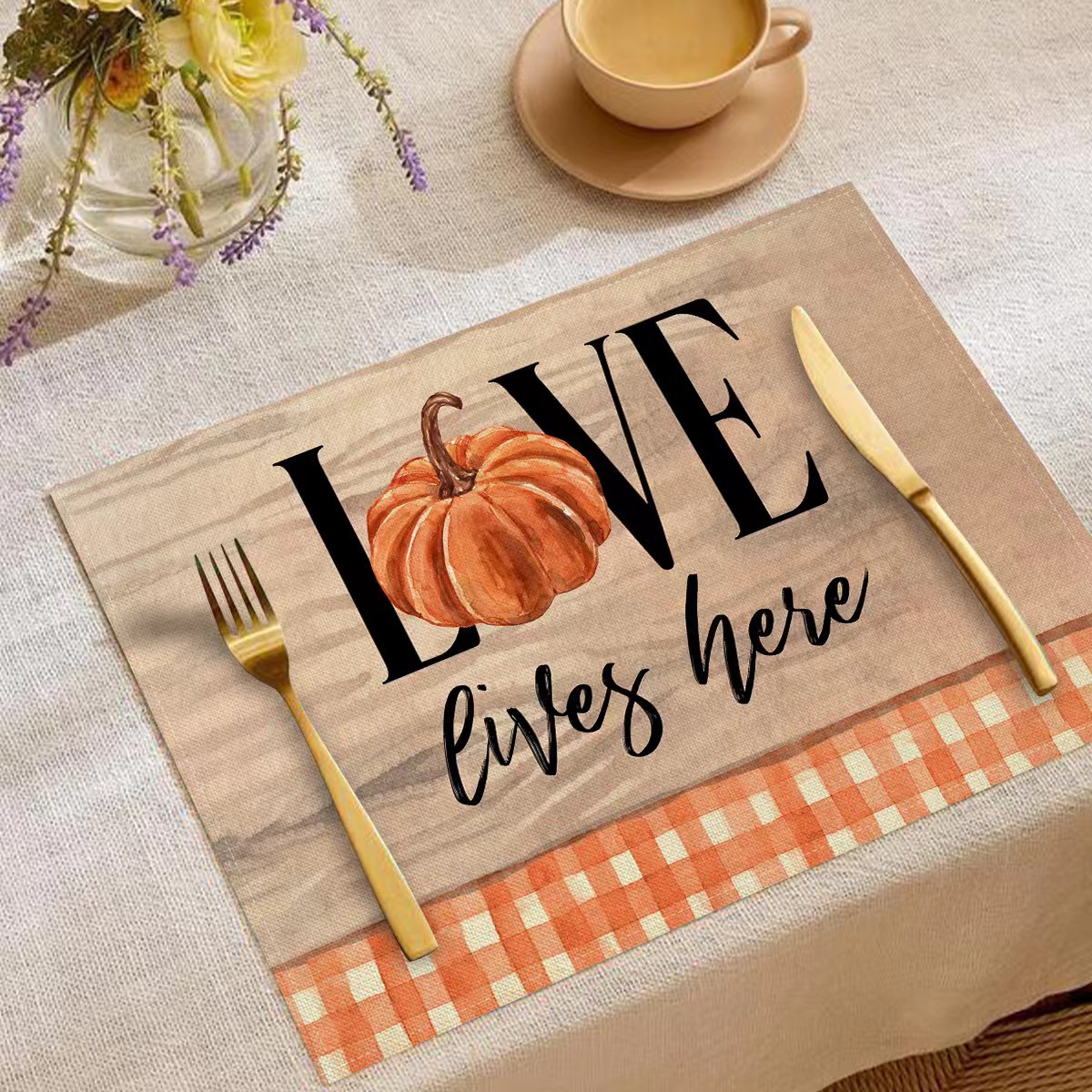 Transfronterizo temu explosión Día de Acción de Gracias otoño calabaza lino estampado conjunto lino estampado mesa de restaurante