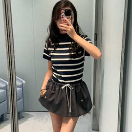 春夏新款M家学院风字母徽标马海毛百搭松紧腰抽绳半身裙女