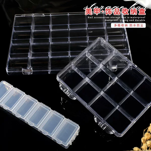 Independent Transparent Nail Art Accessory Storage Box with Flip Lid, 12-Compartment Organizer for Pearls, Steel Beads, and Rhinestones