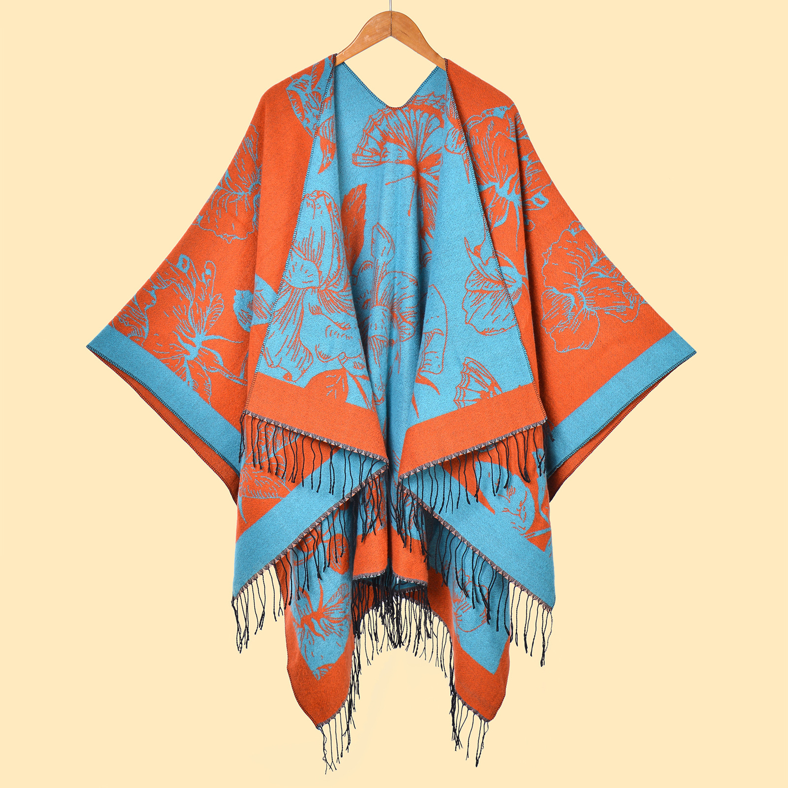 Nueva moda femenina europea y americana, flores grandes, borlas, puntas abiertas, capa de chal cálido de doble cara, venta caliente transfronteriza, capa de cachemira de imitación