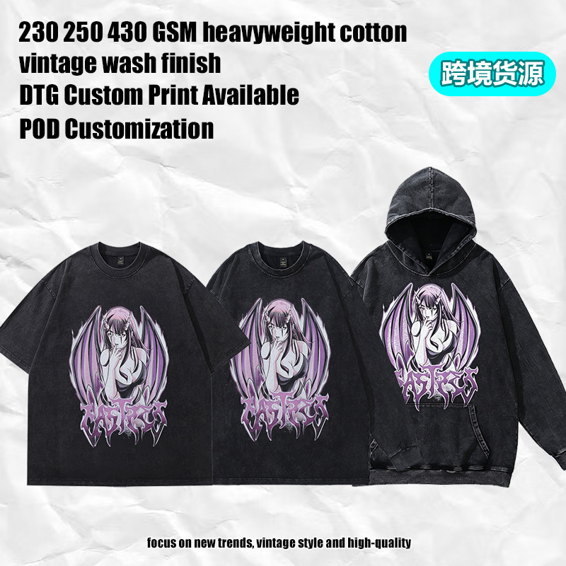 Cross-border 2026 Autumn/Winter New Men's T-Shirt Japanese Retro Cartoon Print DTG Washed Pure Cotton Long Sleeve T-Shirt for Men