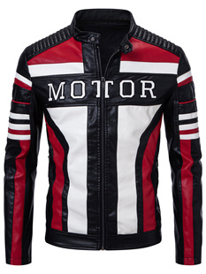 New Cross-Border European Size Stand-Up Collar Men's Leather Jacket with Embroidery, Men's Motorcycle Racing Jacket