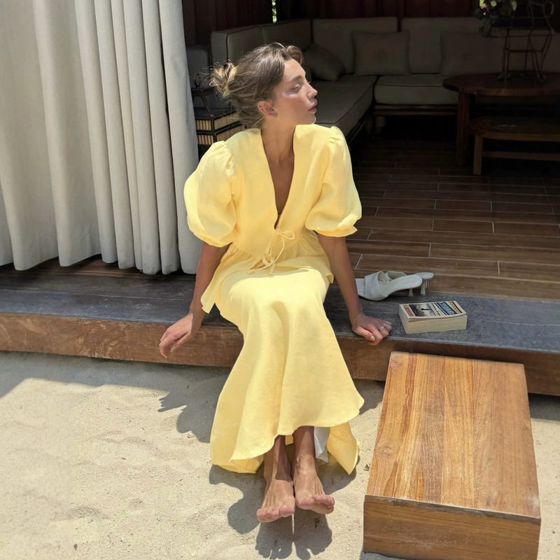 European and American Cross-Border Women's Clothing 2026 Summer New Fashion Puff Sleeve V-Neck Tie-Up Top High-Waisted Skirt Set