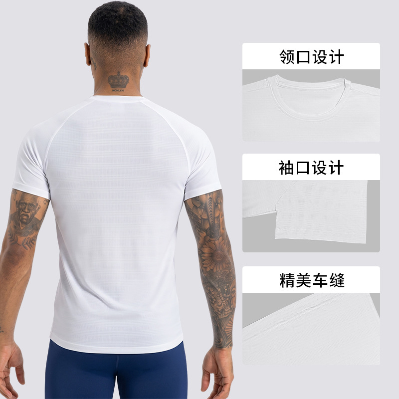 Transfronterizo blanco de cuello redondo camiseta deportiva de manga corta para hombres al aire libre running elástico entrenamiento de acondicionamiento físico transpirable camiseta de secado rápido