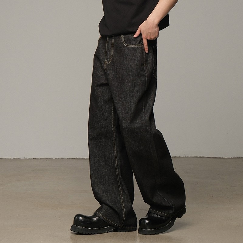 2025 American Retro Raw Denim Jeans Men's Black Loose Straight A-Line Wide-Leg Long Pants Summer New Style