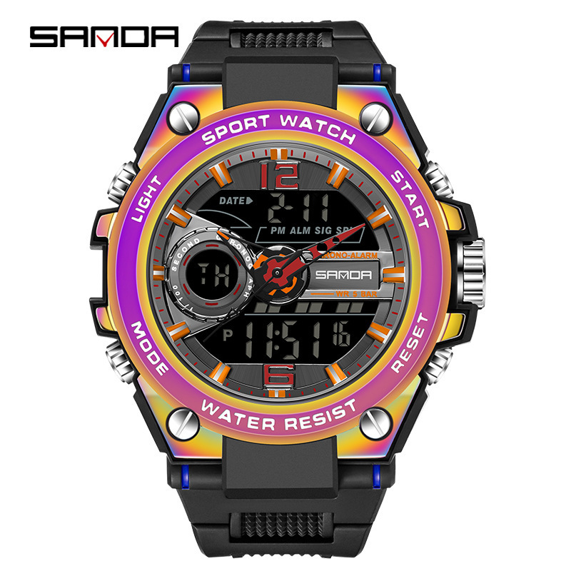 SANDA 6092 colorido reloj deportivo de los hombres multi-funcional colorido creativo doble pantalla electrónica reloj impermeable