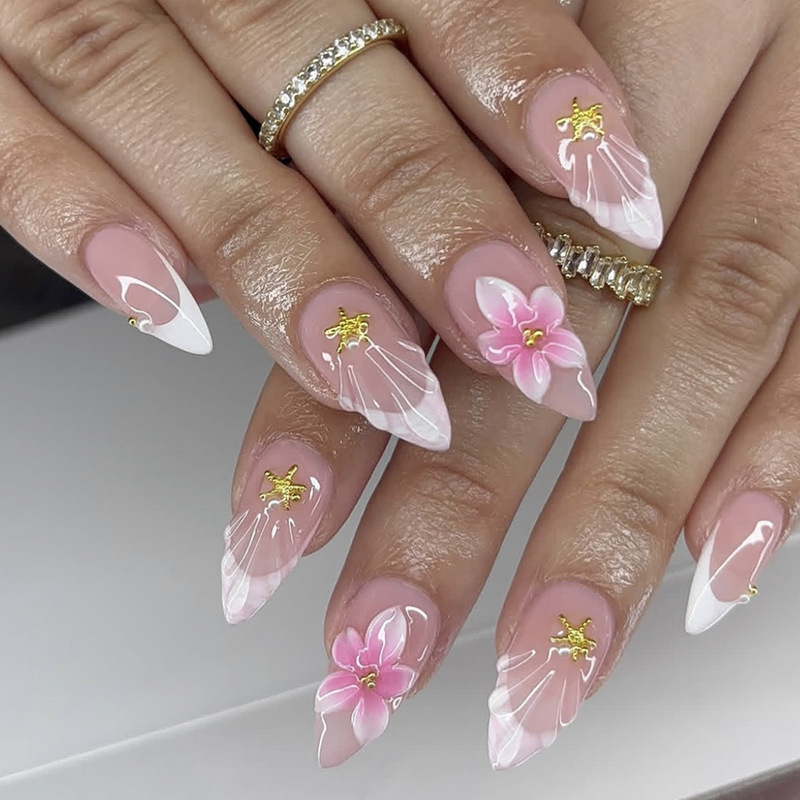 Medium Almond-Shaped Simple White French-Style 3D Flower Pearl Starfish Fake Nail Stickers Medium Almond-Shaped Simple White French-Style 3D Flower Pearl Starfish Fake Nail Stickers