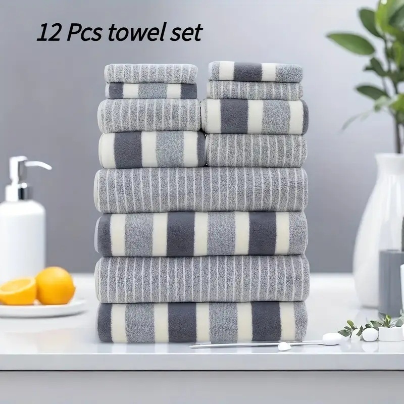 12-Piece Cross-Border Labeling and Dropshipping Wide and Narrow Striped Towel Set Coral Velvet Bath Towel Wholesale Soft and Absorbent Couple