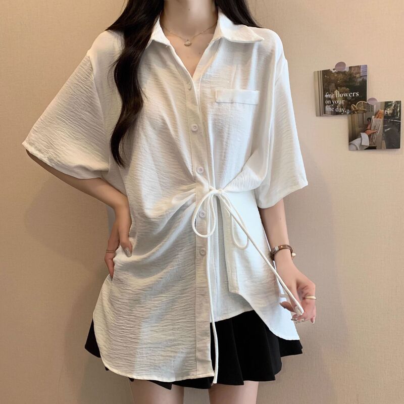 Irregular Lace-Up Short-Sleeved Bottoming Shirt for Women in Summer, Plus Size, Slimming, Stylish, Mid-Length Top Irregular Lace-Up Short-Sleeved Bottoming Shirt for Women in Summer, Plus Size, Slimming, Stylish, Mid-Length Top