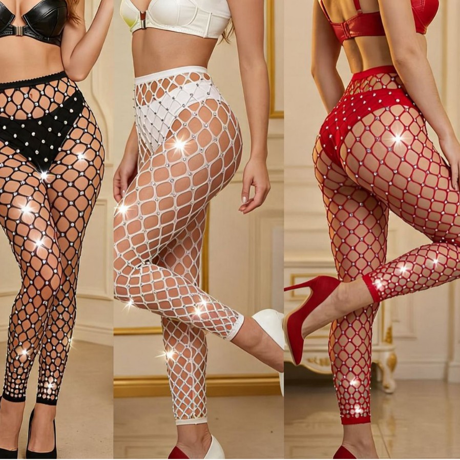 Nine-Point Thick Fishnet Pants, European and American Plus Size, New Amazon Style, Sexy Stockings with Large Mesh and Rhinestones, Sexy Footed Stockings