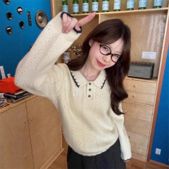 设计感甜美风小众减龄刺绣气质长袖毛衣女秋季翻领百搭显瘦上衣潮