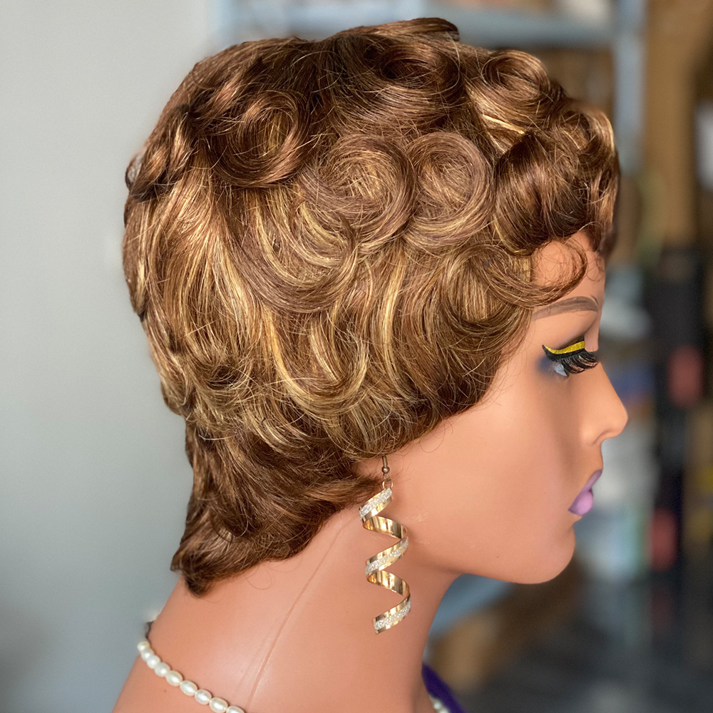 Peruca curta ondulada cabelo humano xuchang mecanismo europeu e americano peruca curta headgear_voghion.com
