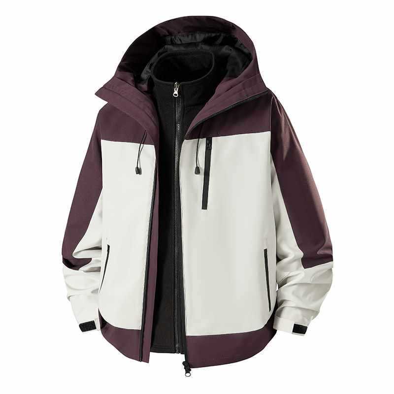 Color-Blocked Three-In-One Men's Jacket with Silver Fox Fleece, High-Quality Hooded Two-Piece Set, Windproof and Waterproof, with Added Fleece