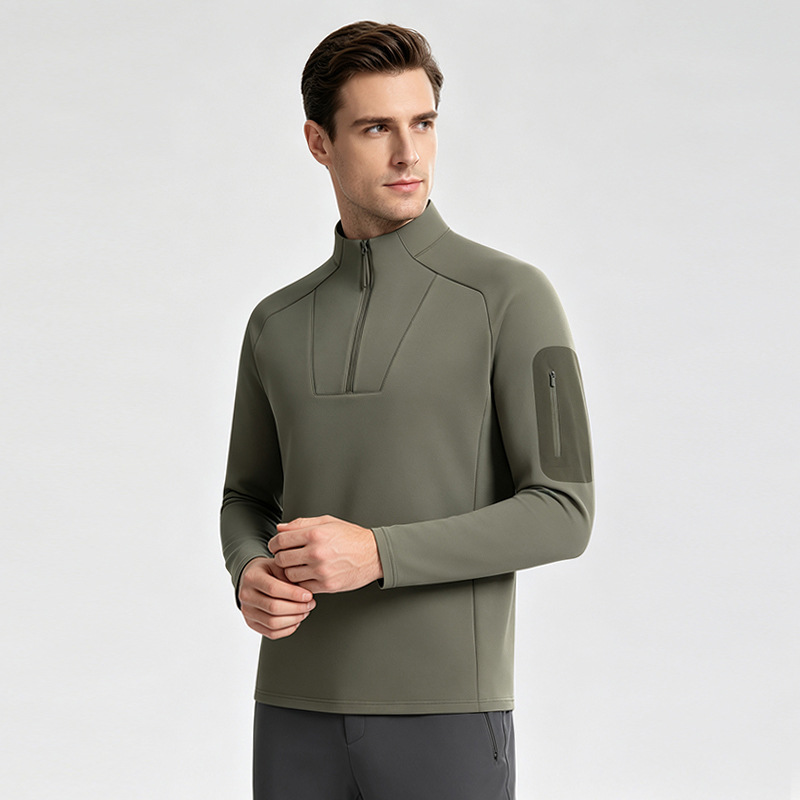 El mismo modelo de la familia di para hombres, medio cremallera, cuello de pie, manga larga, suéter tejido, camisa de ocio al aire libre para viajes urbanos.